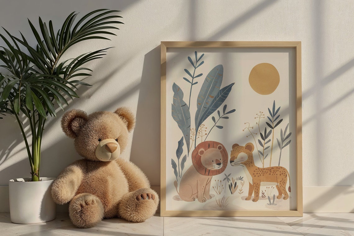 Sitting Lion Cheetah Nursery Poster Round Sun Safari Kids Room Art - Image 5