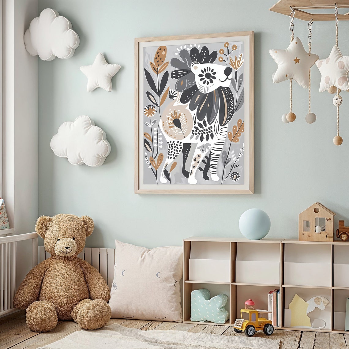 Whimsical Tiger Nursery Poster Folk Art Safari Neutral Tones Wall Art - Image 3
