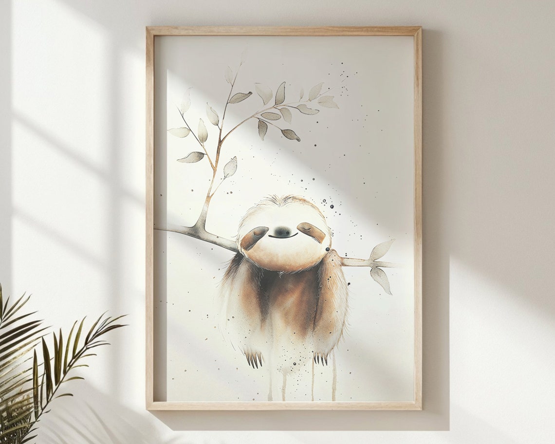 Smiling Sloth Hanging On Branch Watercolor Whimsical Kids Art Poster