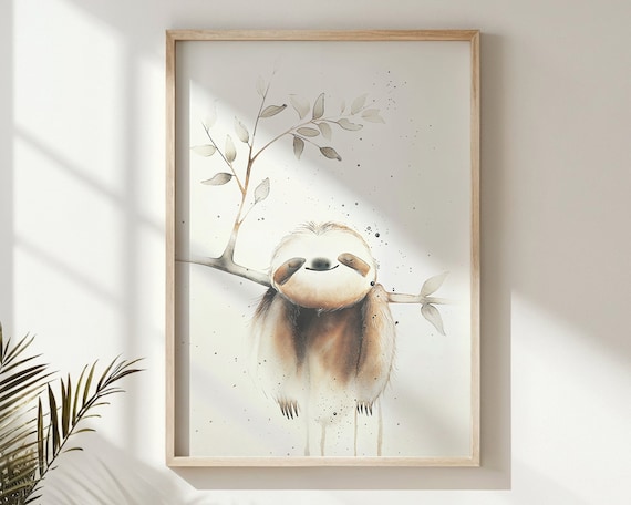 Smiling Sloth Hanging On Branch Watercolor Whimsical Kids Art Poster