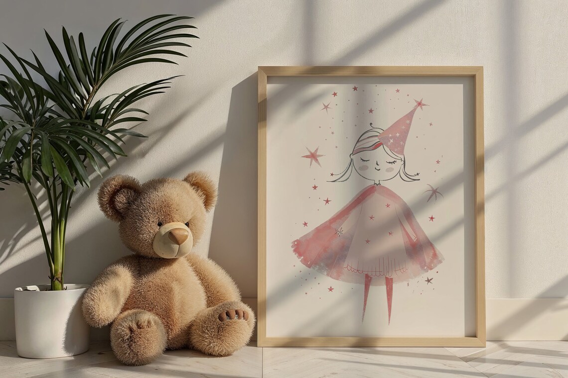 Fairy Princess Girl Pink Watercolor Party Hat Stars Nursery Poster