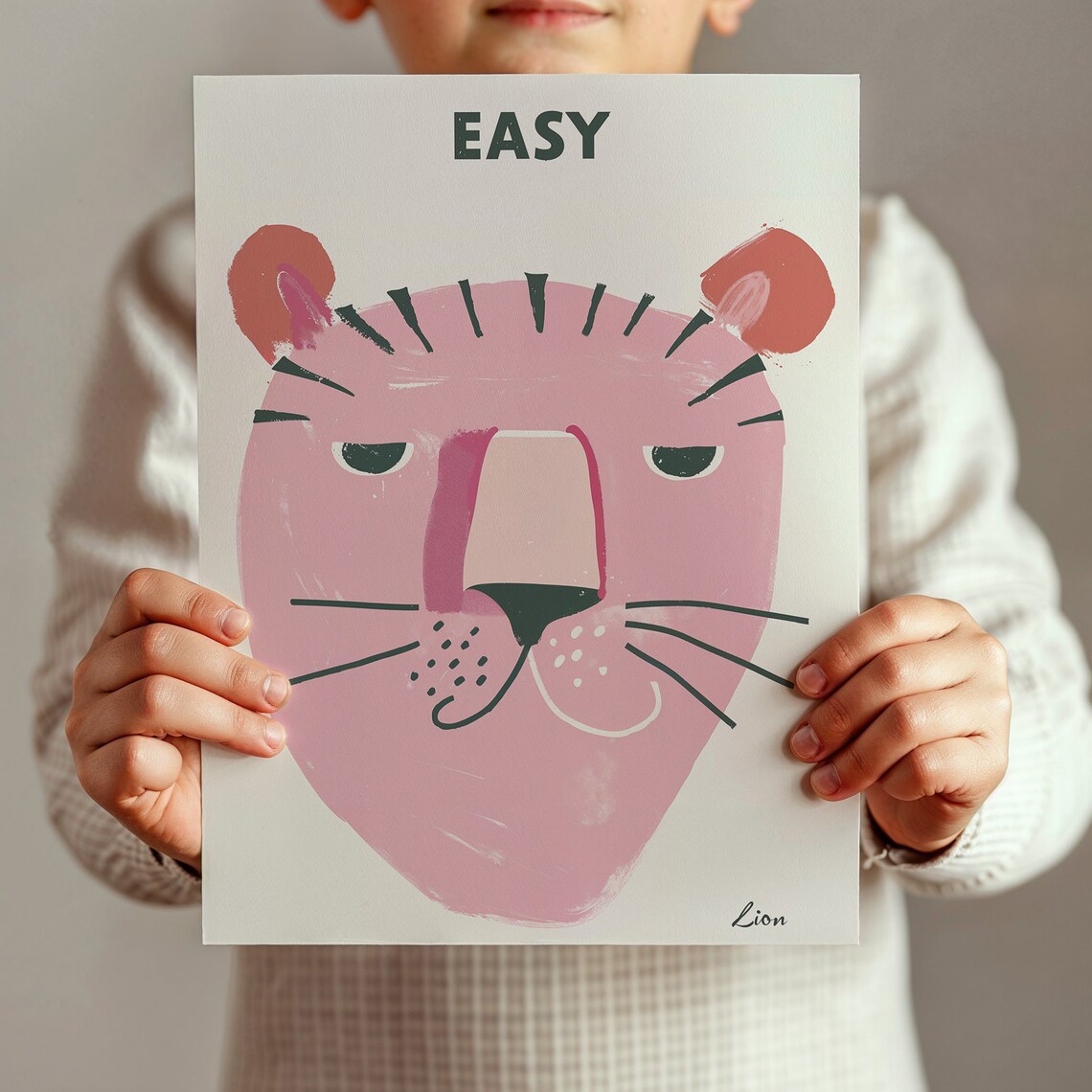 Pink Easy Lion Face Naive Kids Nursery Animal Wall Art Poster - Image 2