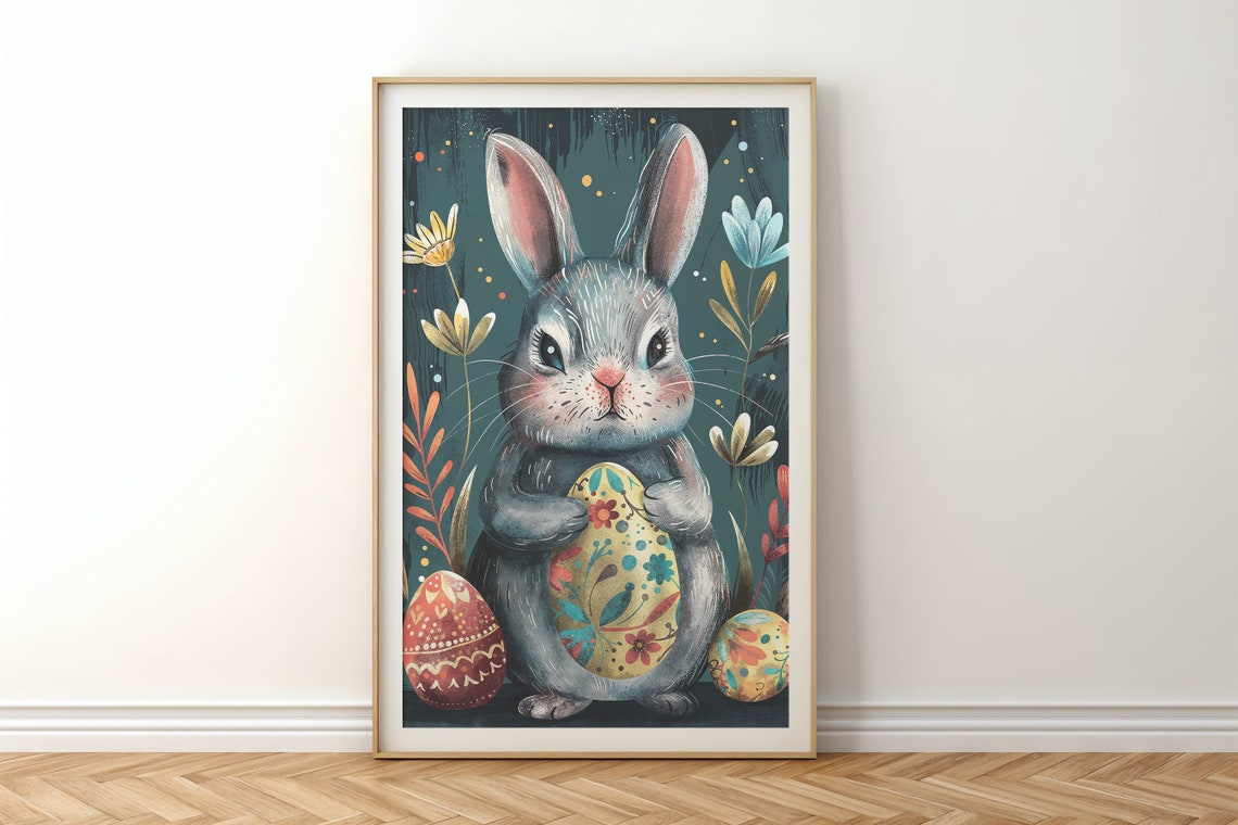 Gray Bunny Holding Painted Easter Egg Dark Teal Storybook Poster - Image 6