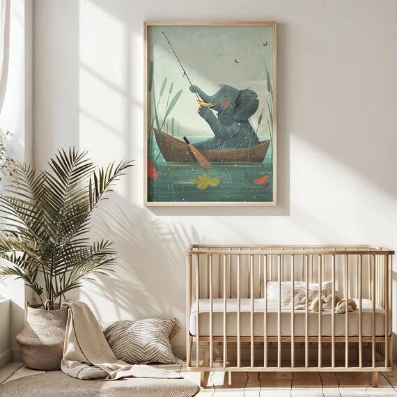 Elephant Fishing From Boat In Rain Whimsical Kids Nursery Wall Art Poster
