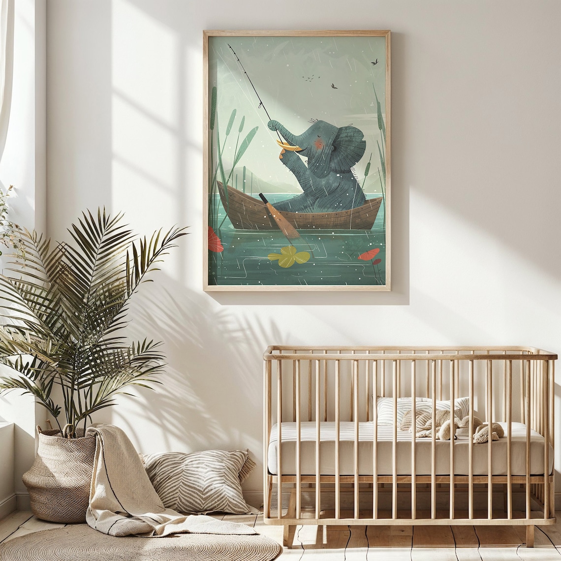 Elephant Fishing From Boat In Rain Whimsical Kids Nursery Wall Art Poster