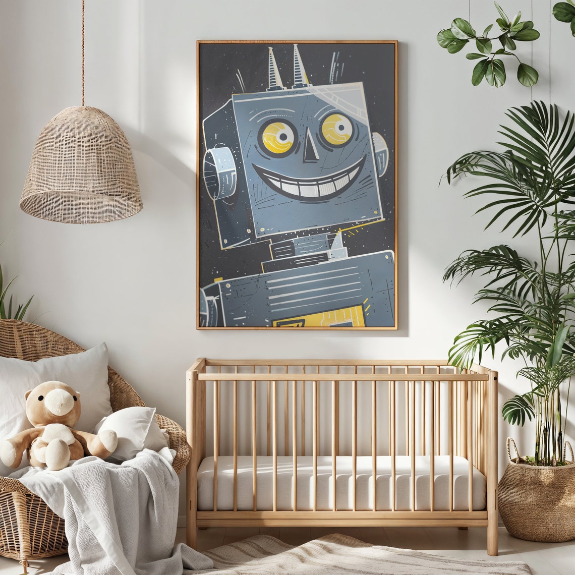 Friendly Square Head Robot Space Kids Room Decor Cheerful Wall Poster - Image 2