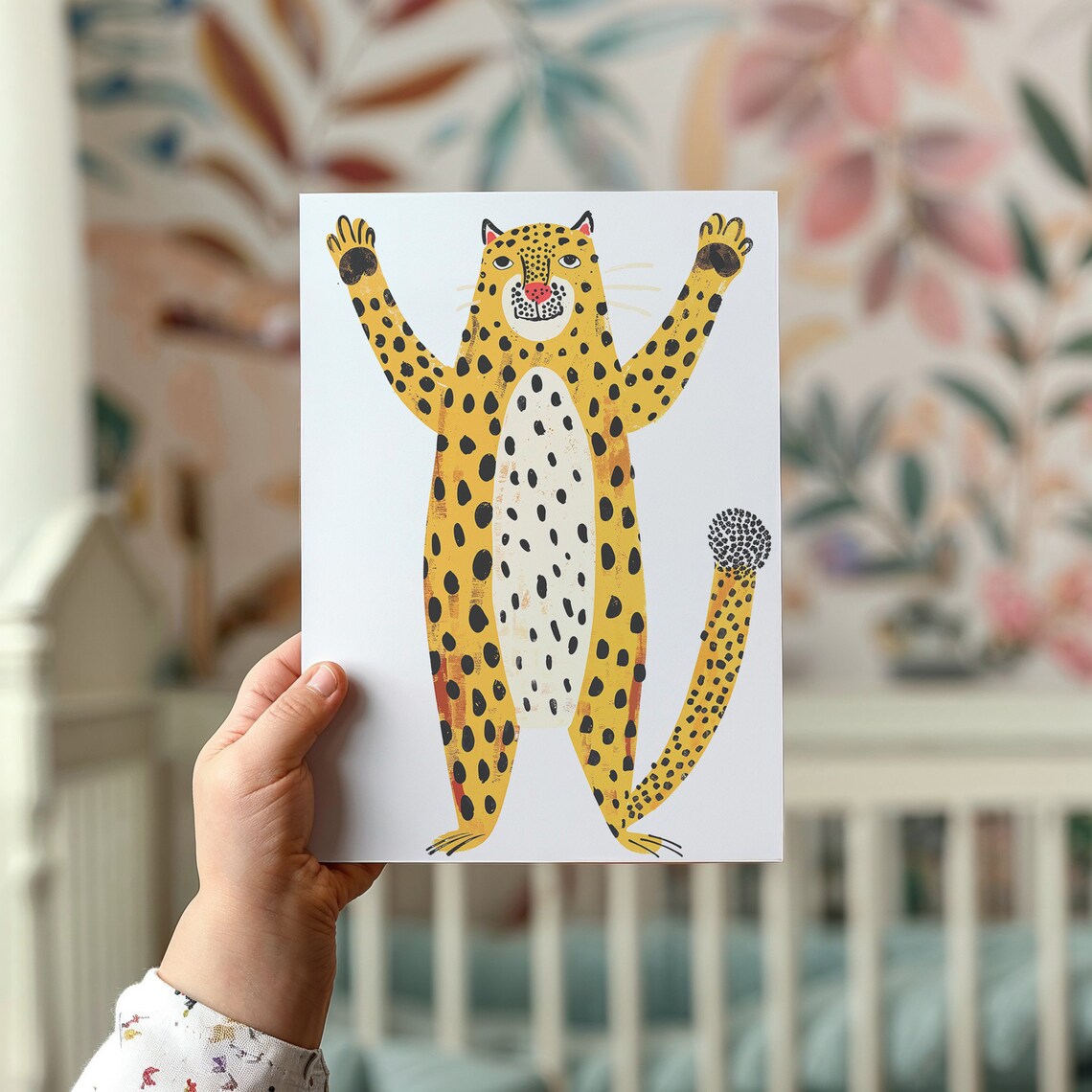 Happy Waving Cheetah Arms Up Playful Jungle Safari Kids Art Poster - Image 2