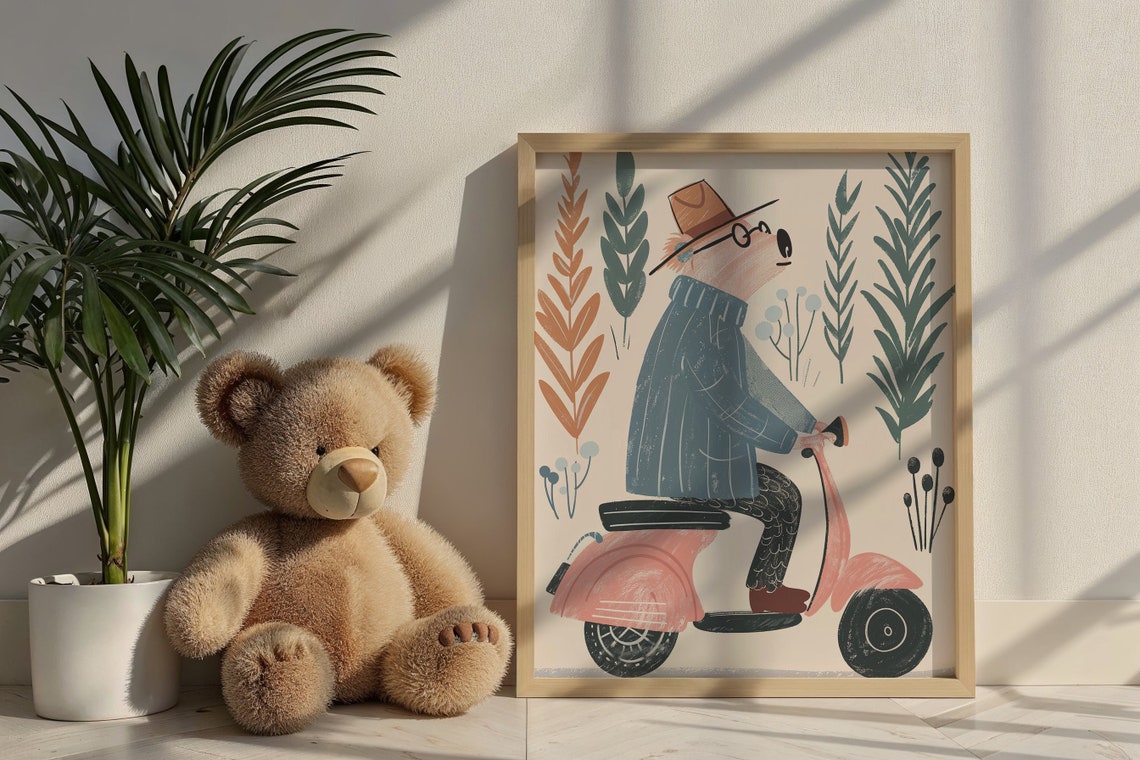 Bear Riding Pink Scooter Nursery Poster Hat Glasses Playful Kids Art - Image 6