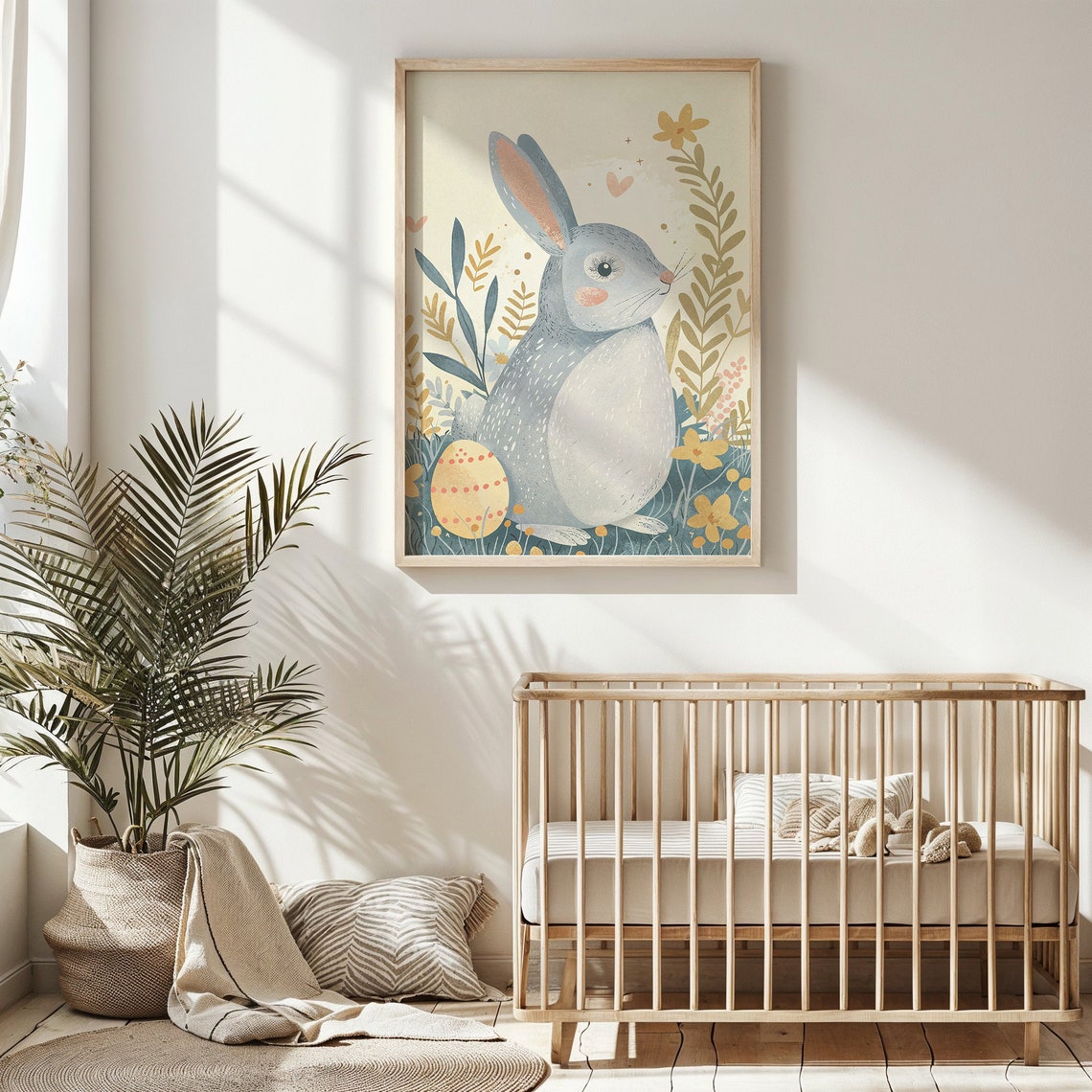 Cute Blue Bunny With Dotted Easter Egg Yellow Flowers Kids Art Print - Image 4