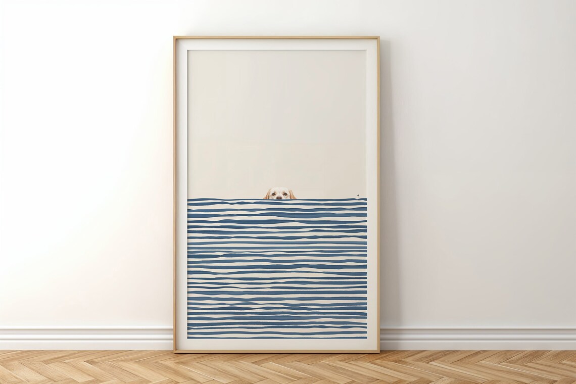 Peeking Puppy, Navy Stripes Nursery Art Print - Image 6