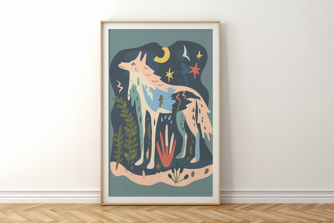 White Wolf Moonlight Stars Celestial Folk Art Animal Wall Poster - Image 6