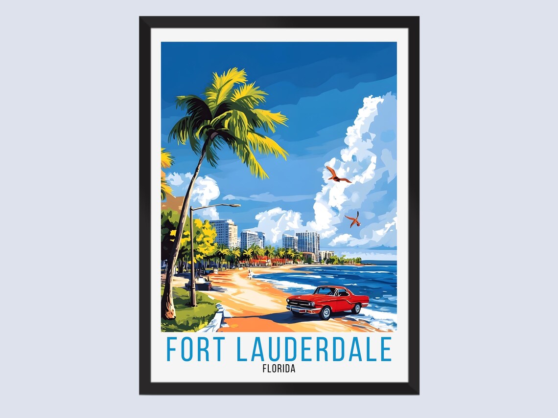Fort Lauderdale Florida Beach Classic Car Palm Trees Travel Poster
