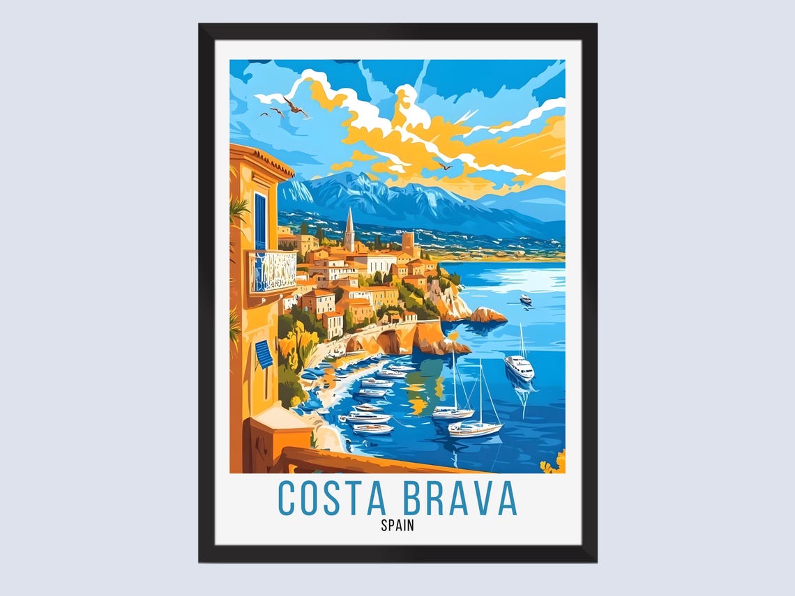 Costa Brava Spain Coastal Town Cliffs Sailboats Vintage Travel Poster