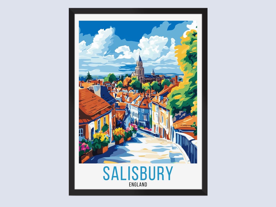 Salisbury England Cobbled Street Cathedral Vintage Travel Poster