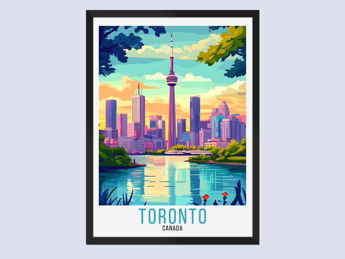 Toronto Canada CN Tower Skyline Lake Sunset Vintage Travel Poster