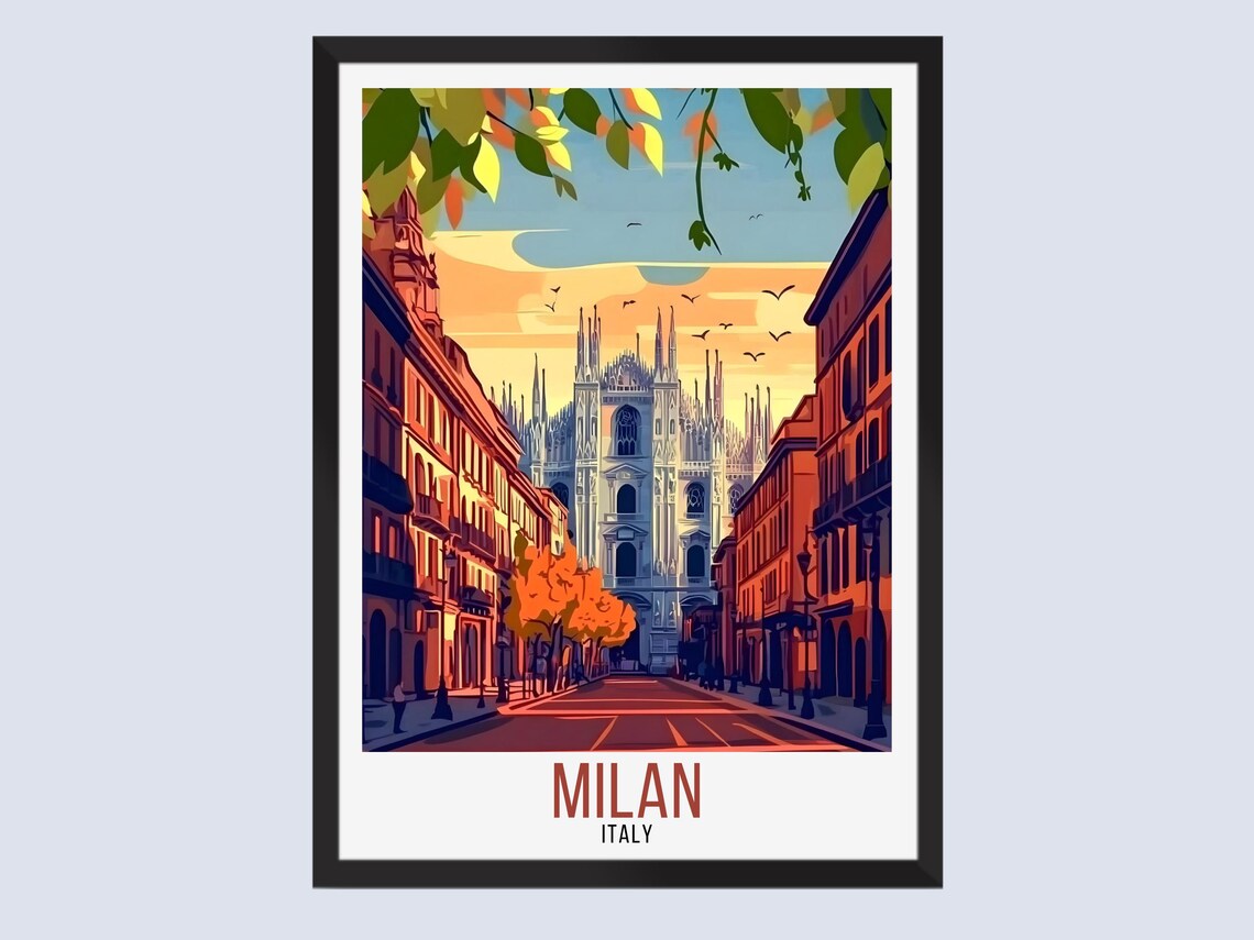 Milan Italy Duomo Cathedral Sunset Street Vintage Travel Poster
