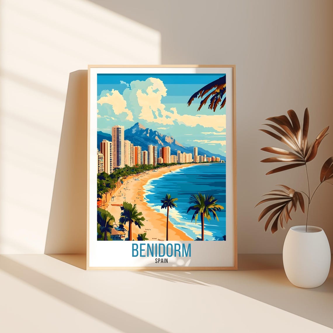 Benidorm Spain Beach High Rise Coast Scene Sunny Vintage Poster