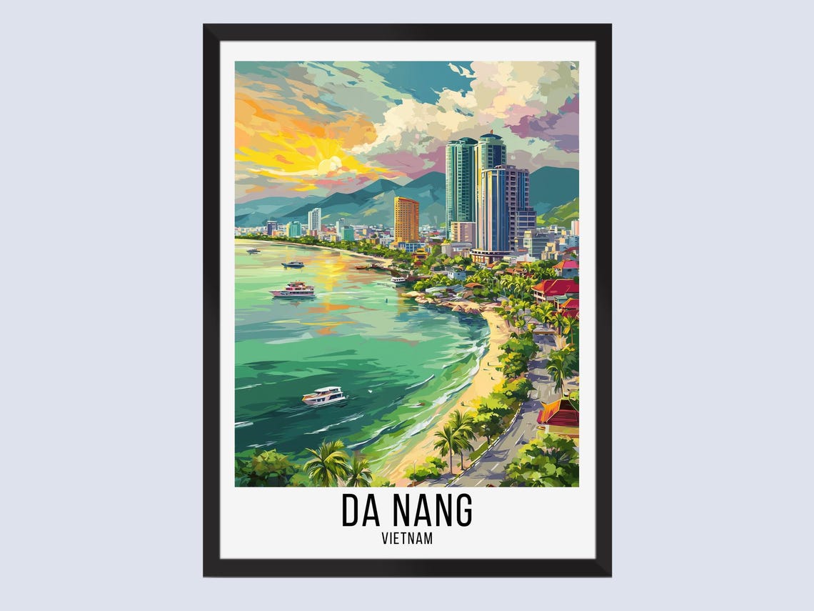Da Nang Vietnam Sunset Bay Beach Palm Trees Vintage Travel Poster
