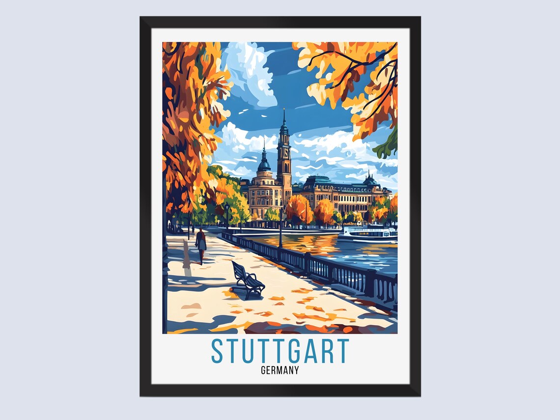 Stuttgart Germany Riverside Promenade Autumn Historic Travel Poster