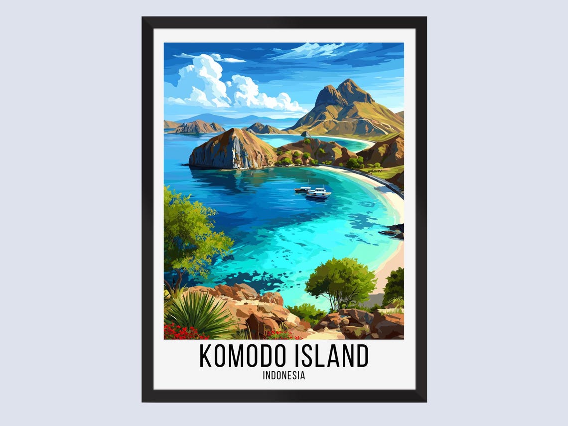 Komodo Island Indonesia Turquoise Bay Volcanic Hills Travel Poster