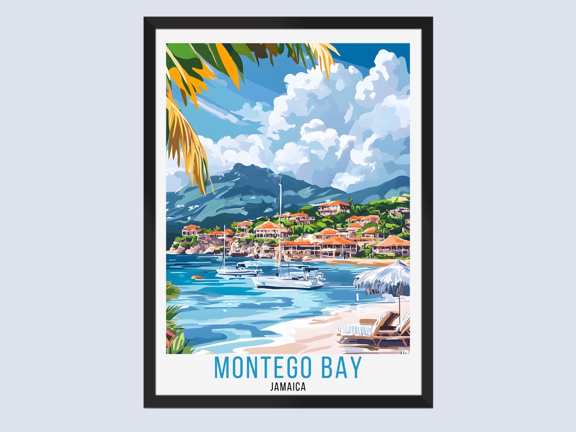 Sunny Montego Bay Jamaica Beach Resort Harbor Vintage Poster