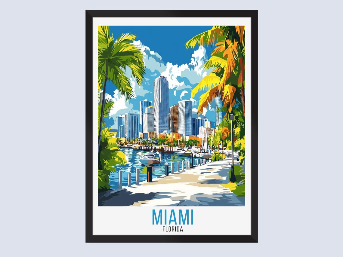 Miami Florida Marina Palm Trees Downtown Skyline Vintage Travel Poster
