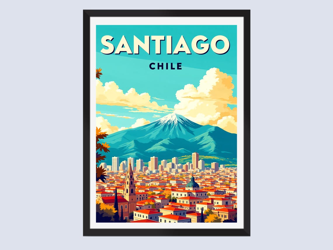 Santiago Chile Retro Travel Poster Andes Mountain City Skyline