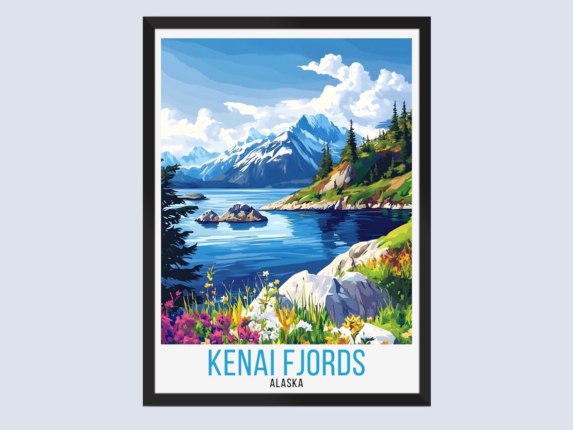 Kenai Fjords Alaska Glacier Bay Mountains Wildflowers Travel Poster