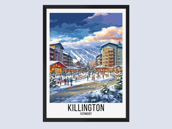 Killington Vermont Village Night Snowy Resort Street Travel Poster