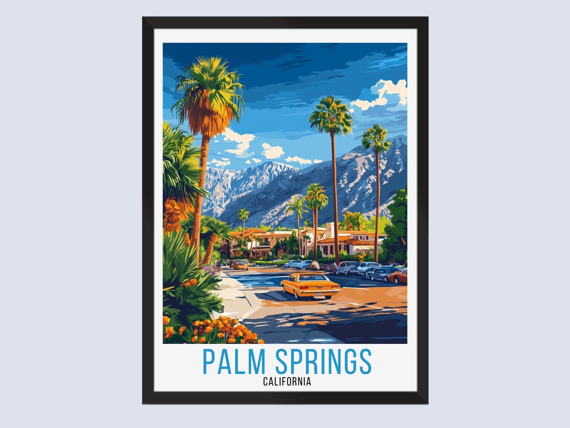 Palm Springs California Palm Trees Desert Mountain Travel Poster