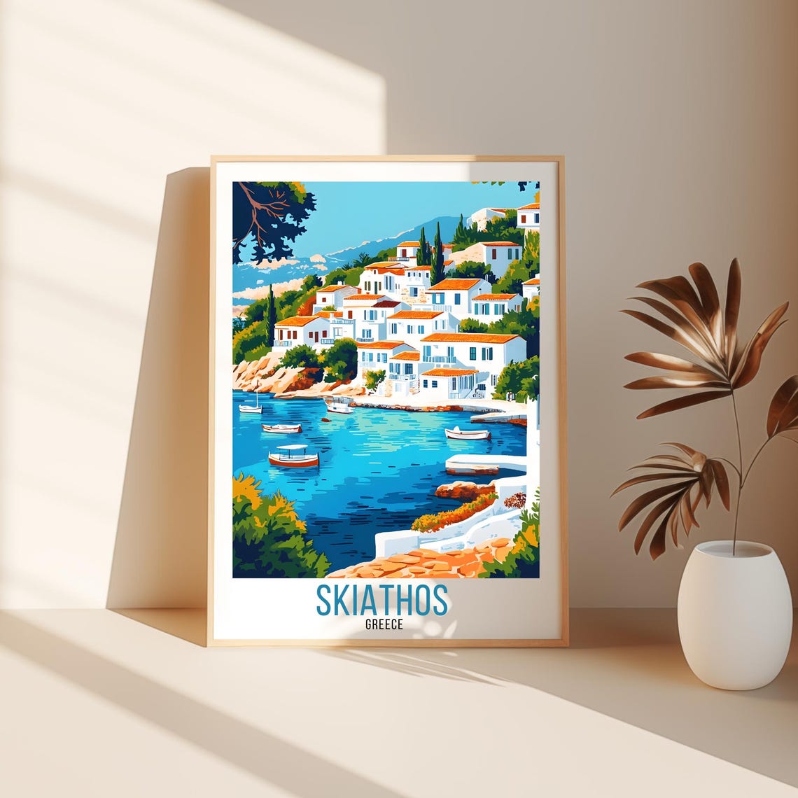 Sunny Skiathos Greece Island Village Boats View Vintage Poster