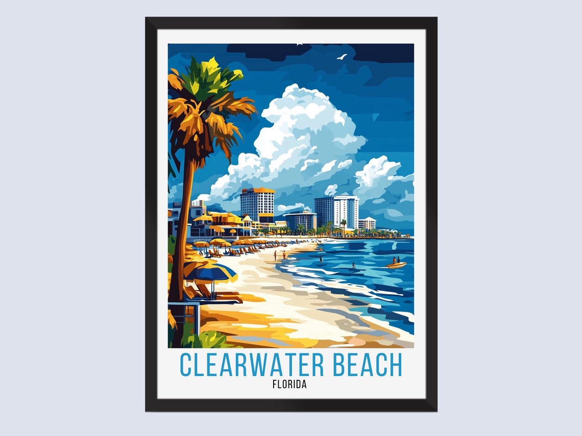 Clearwater Beach Florida Palm Shoreline Vintage Travel Poster