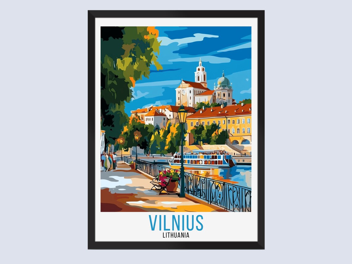 Vilnius Lithuania Riverfront Old Town Sunny Vintage Travel Poster