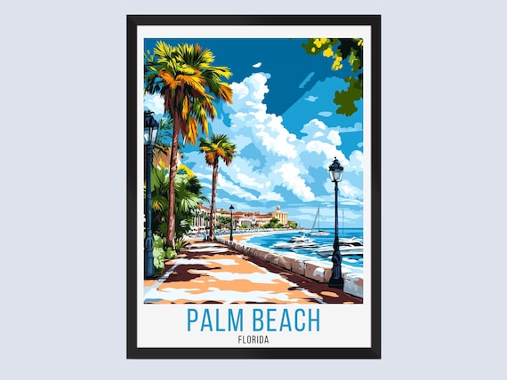 Palm Beach Florida Waterfront Promenade Palms Vintage Travel Poster