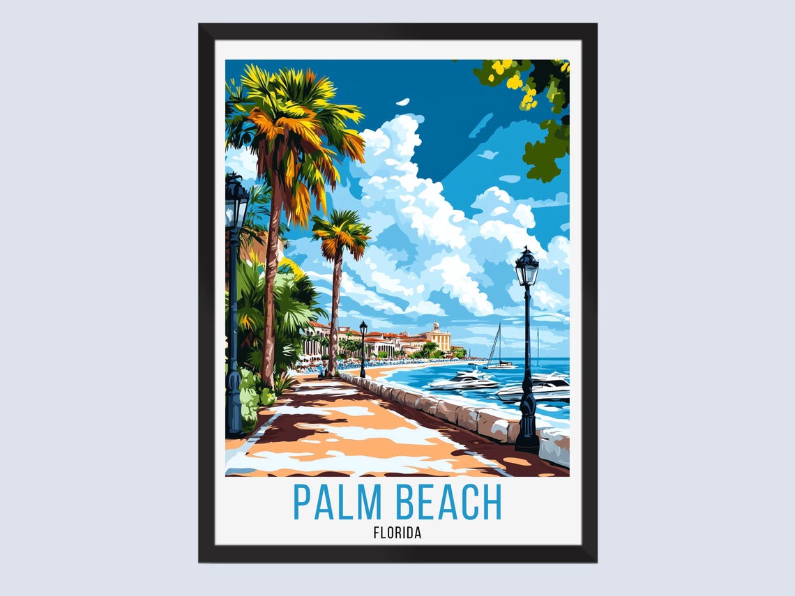 Palm Beach Florida Waterfront Promenade Palms Vintage Travel Poster