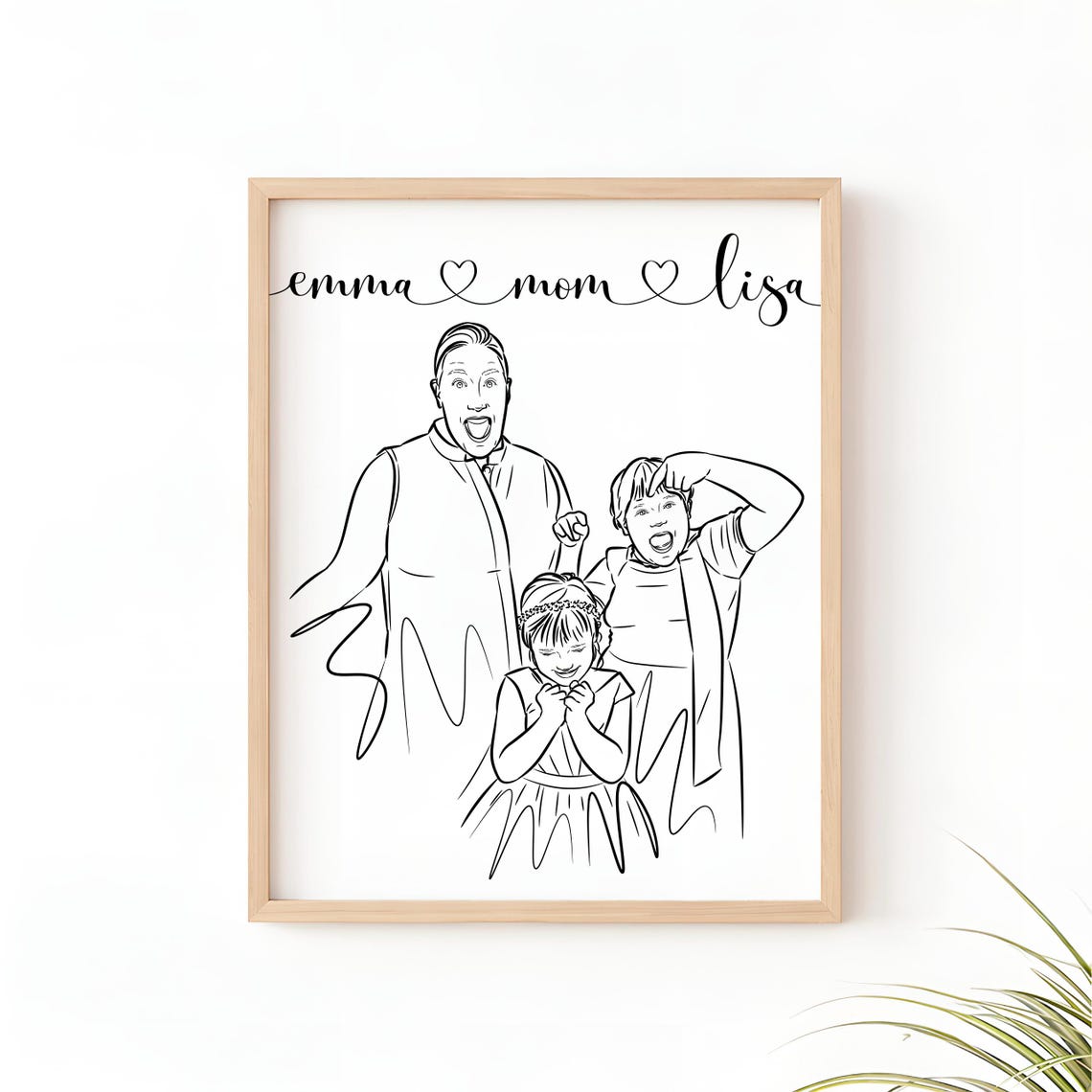 Personalized Mom and Kids Line Art Portrait Print Names Gift