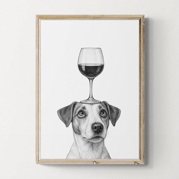 Jack Russell Terrier Dog Art Print Funny And Wine Drawing Lover Wall Decor Lovers Gifts