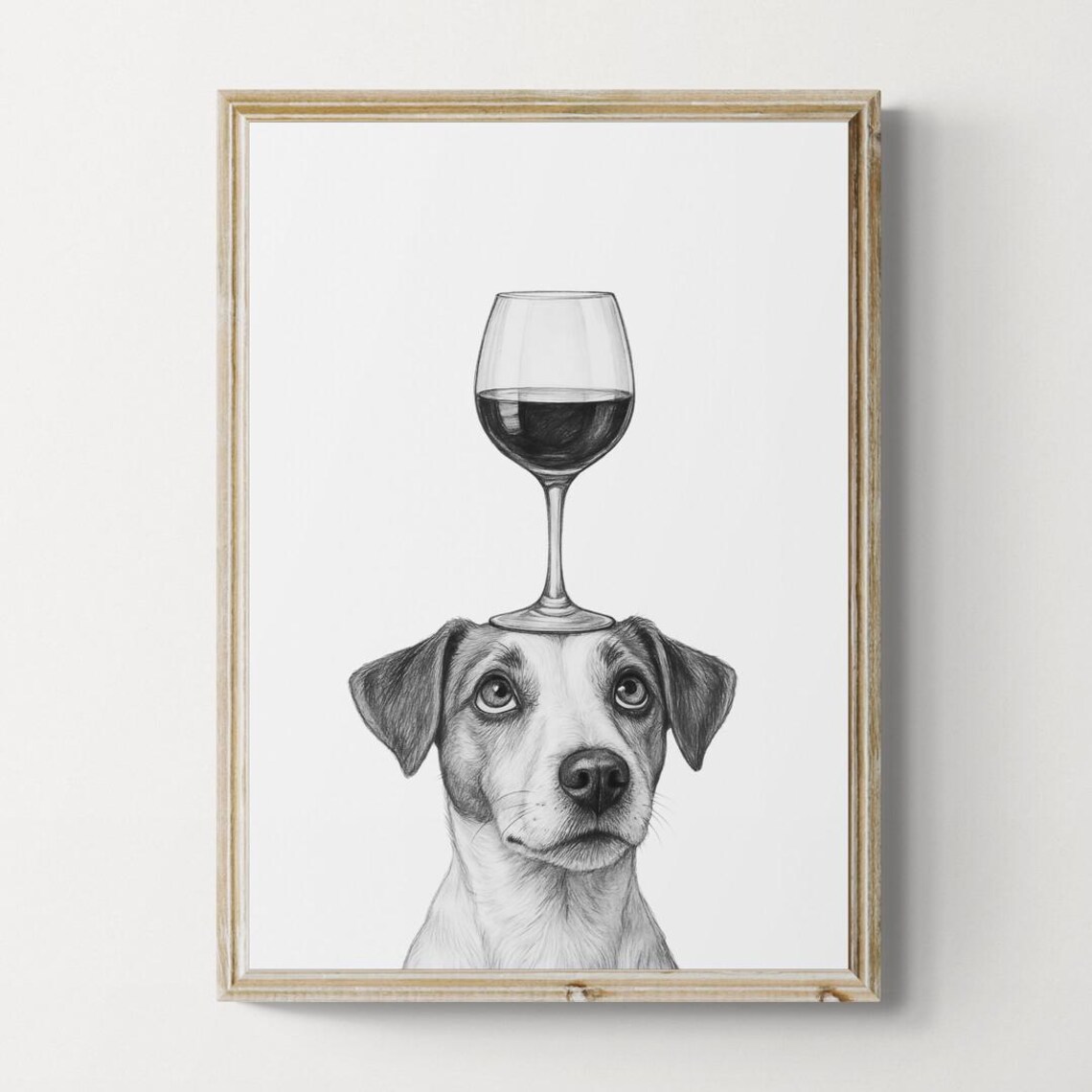 Jack Russell Terrier Balancing Red Wine Glass Pencil Sketch Poster
