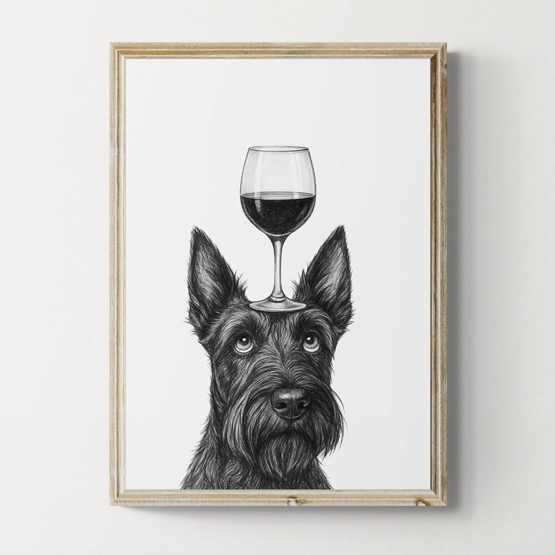 Scottish Terrier Balancing Red Wine Glass Pencil Sketch Poster