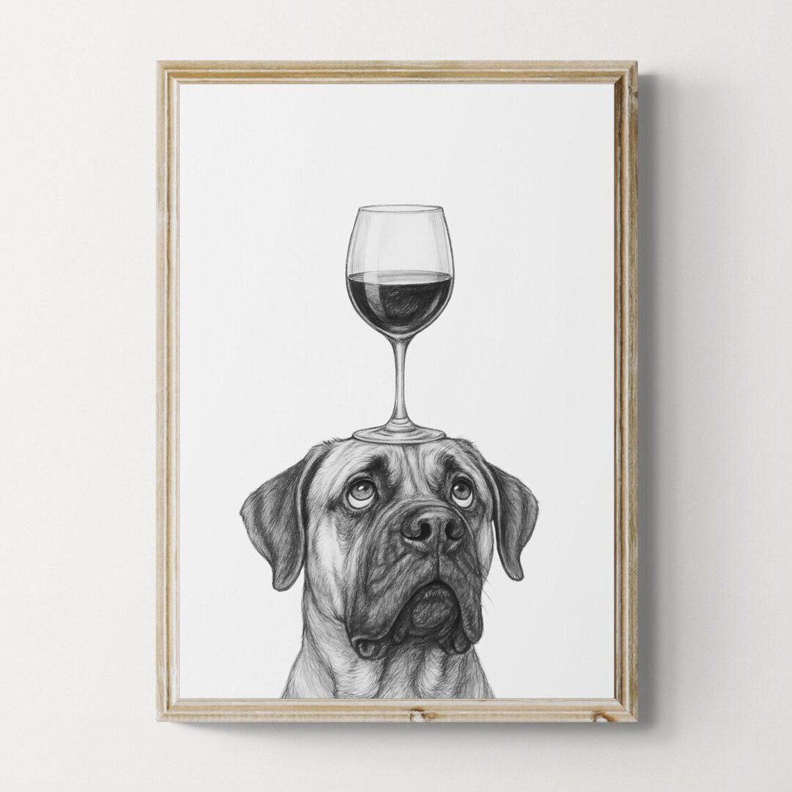 Bullmastiff Dog Balancing Red Wine Glass Pencil Sketch Poster