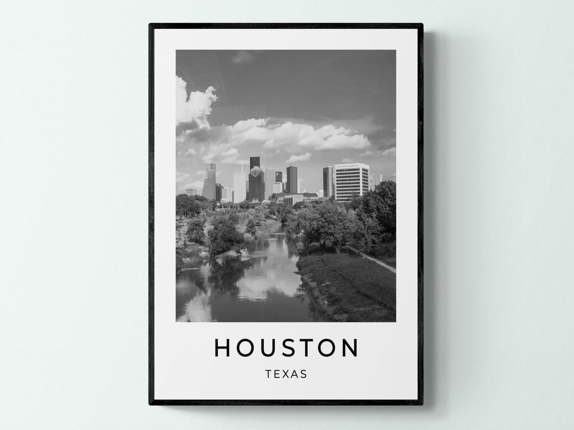 Houston Texas Downtown Skyline River Reflection Black White Poster