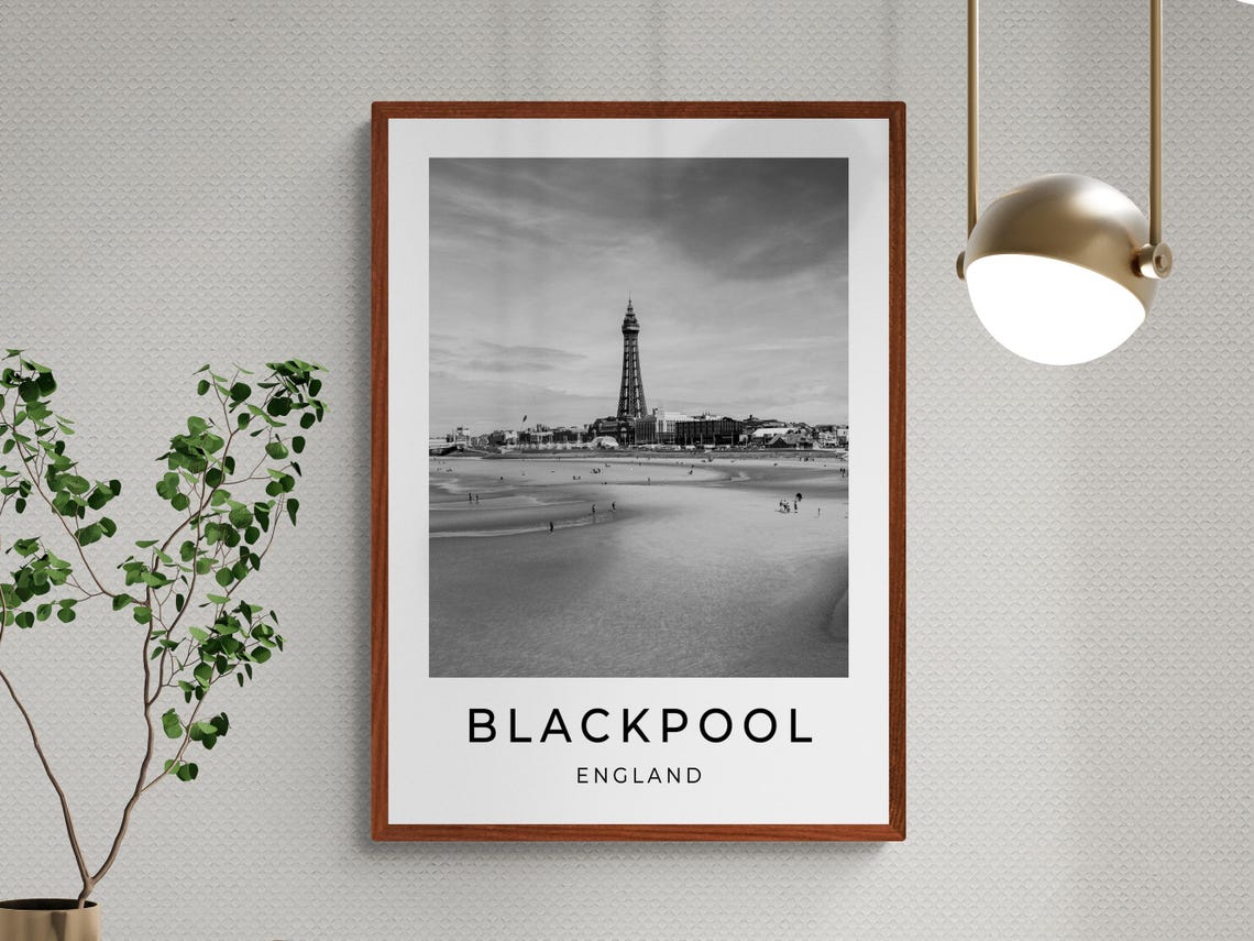 Blackpool England Tower Beach Low Tide Black and White Travel Poster - Image 3