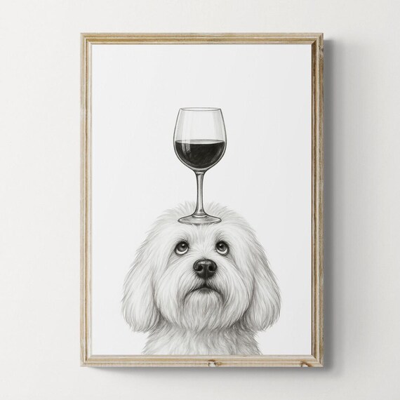 Coton De Tulear Dog Art Print Funny And Wine Drawing Lover Wall Decor Lovers Gifts