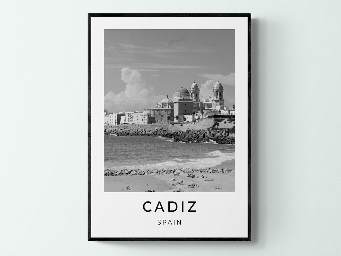 Cadiz Spain Cathedral Beachfront Seaside Monochrome Travel Poster