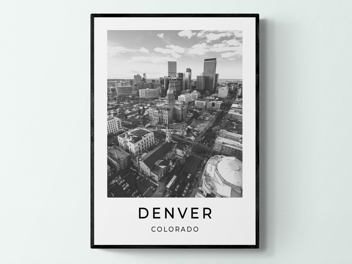 Denver Colorado Downtown Capitol Aerial Black White Travel Poster