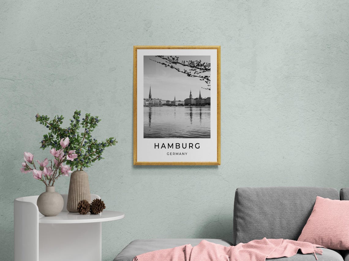 Hamburg Germany Alster Lake Skyline Church Spires Black White Poster - Image 2