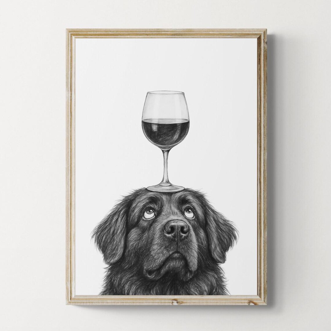 Newfoundland Dog Art Print Funny And Wine Drawing Lover Wall Decor Lovers Gifts