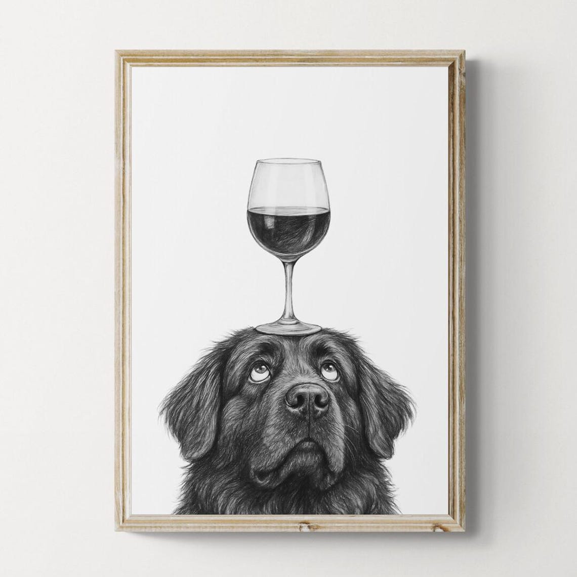 Newfoundland Dog Balancing Red Wine Glass Gentle Giant Sketch Poster