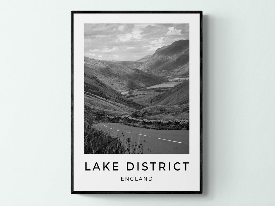 Lake District England Mountain Valley Road Monochrome Travel Poster