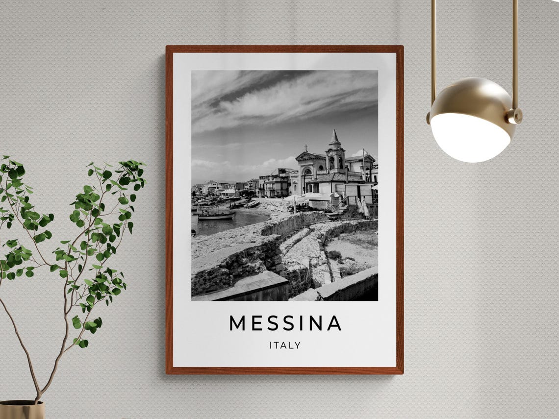 Messina Italy Black and White Harbor Church Sicily Coast Travel Poster - Image 2